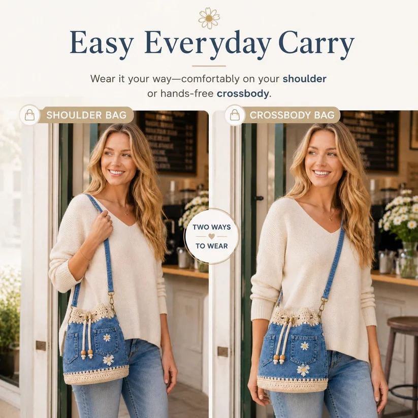💥SAVE 50%👖 Denim Crochet Drawstring Bucket Bag, Vintage Daisy Crossbody Shoulder Bag For Women