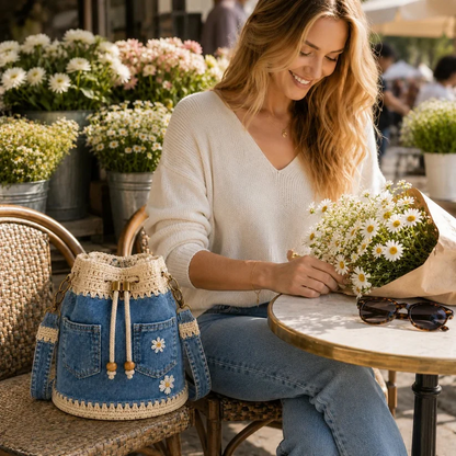 💥SAVE 50%👖 Denim Crochet Drawstring Bucket Bag, Vintage Daisy Crossbody Shoulder Bag For Women