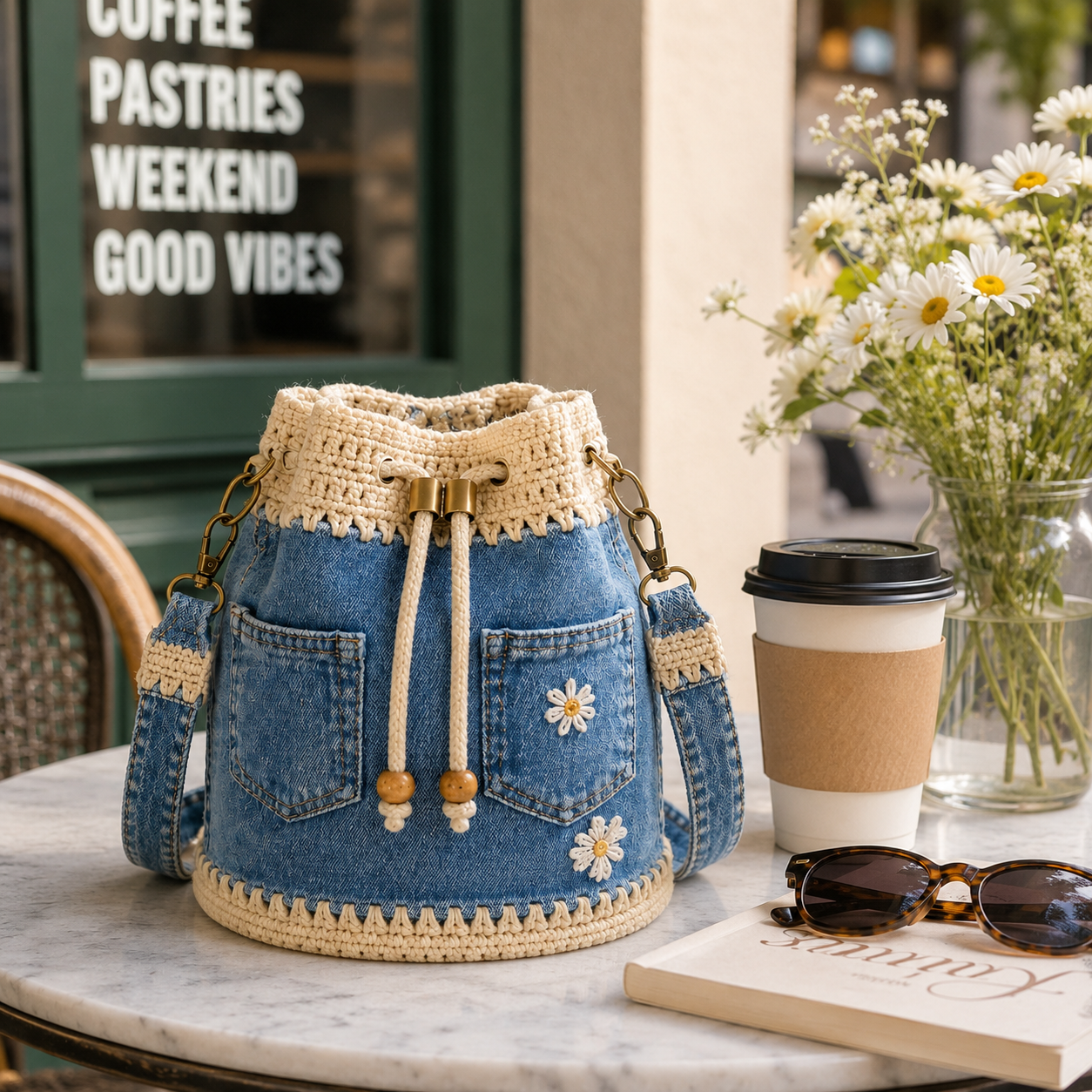 💥SAVE 50%👖 Denim Crochet Drawstring Bucket Bag, Vintage Daisy Crossbody Shoulder Bag For Women