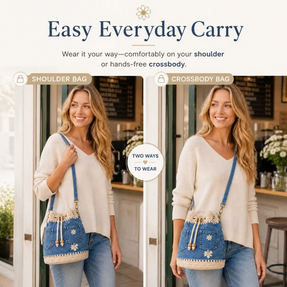 💥SAVE 50%👖 Denim Crochet Drawstring Bucket Bag, Vintage Daisy Crossbody Shoulder Bag For Women