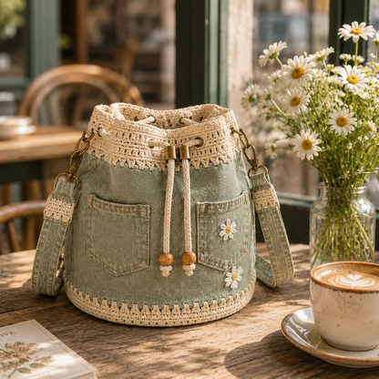 💥SAVE 50%👖 Denim Crochet Drawstring Bucket Bag, Vintage Daisy Crossbody Shoulder Bag For Women