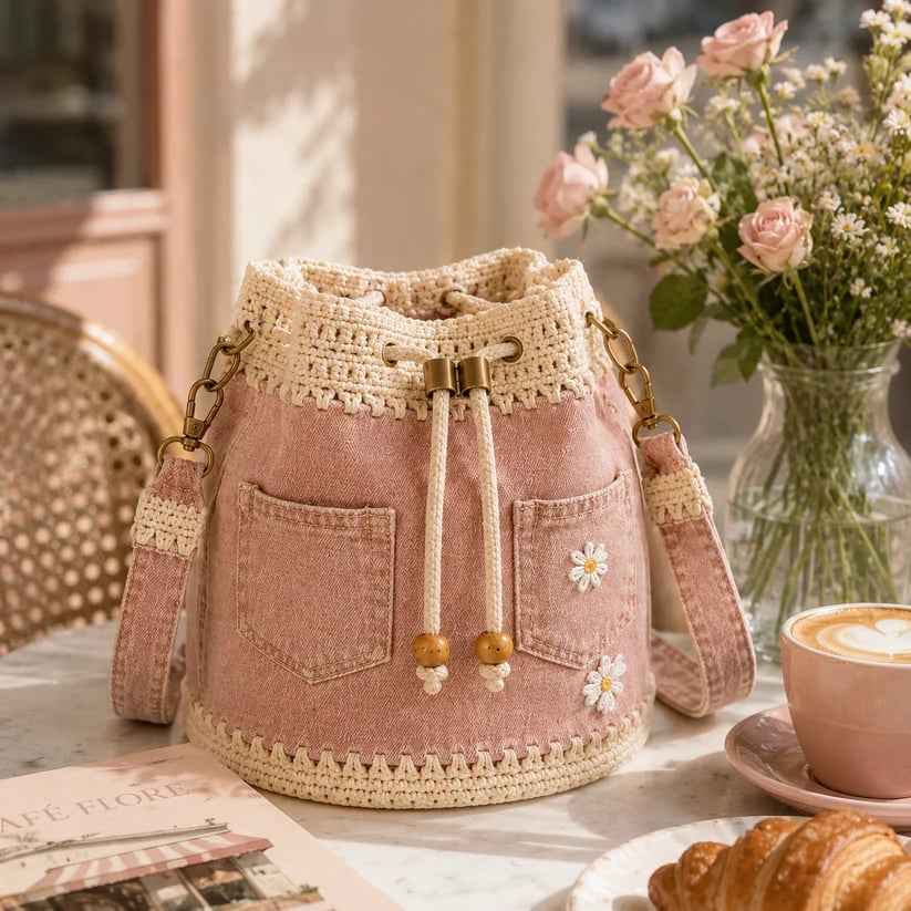 💥SAVE 50%👖 Denim Crochet Drawstring Bucket Bag, Vintage Daisy Crossbody Shoulder Bag For Women