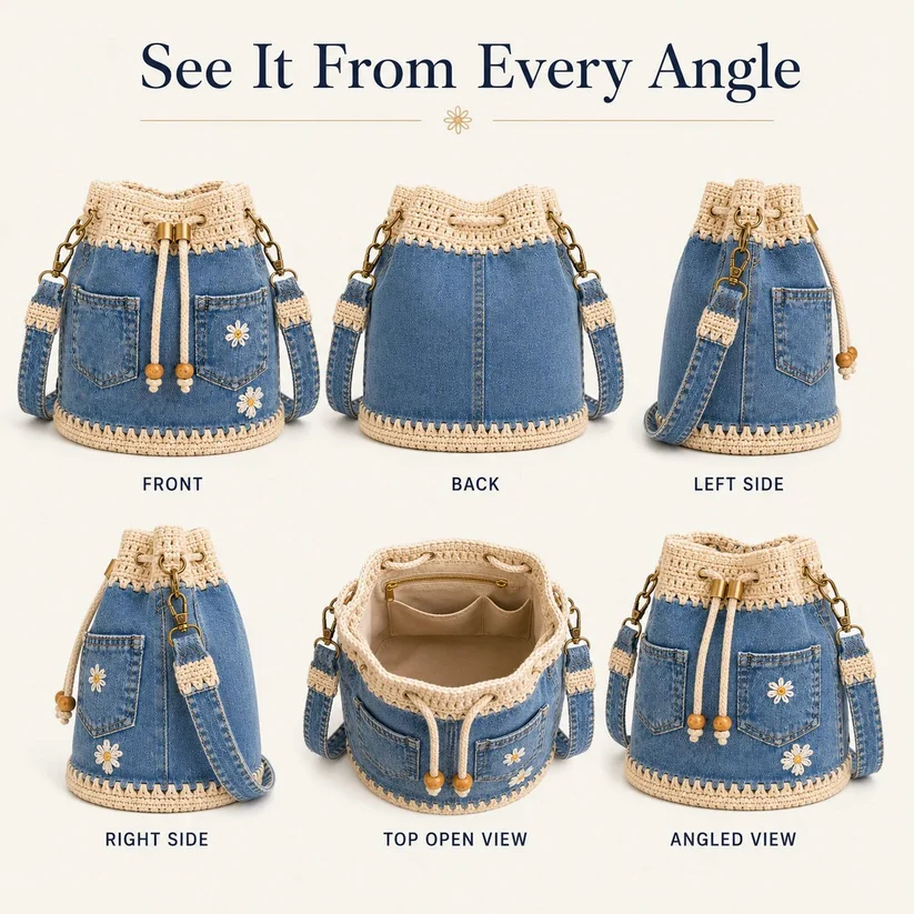 💥SAVE 50%👖 Denim Crochet Drawstring Bucket Bag, Vintage Daisy Crossbody Shoulder Bag For Women