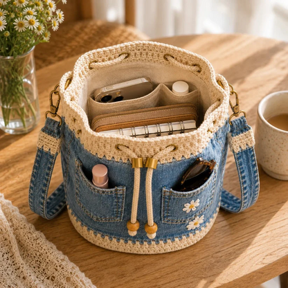 💥SAVE 50%👖 Denim Crochet Drawstring Bucket Bag, Vintage Daisy Crossbody Shoulder Bag For Women